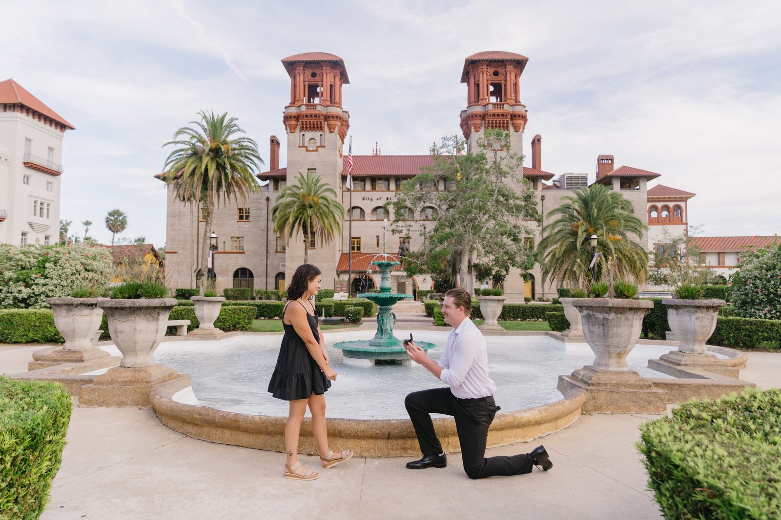 A couple's proposal at the Lightner Museum fountain in downtown St. Augustine