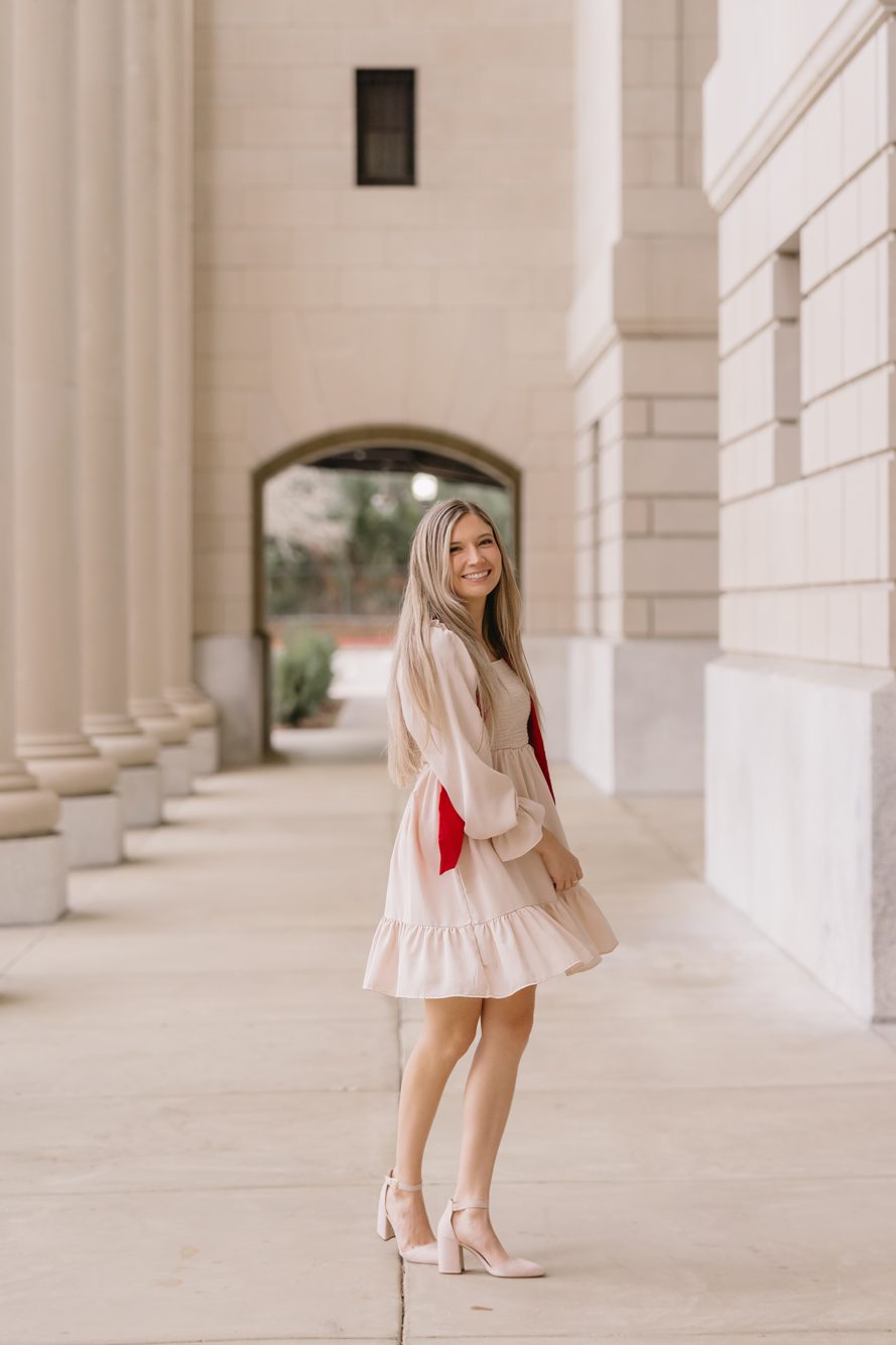 Graduation portrait session in the column walkway of the Prime Osborn Convention Center, downtown Jacksonville by Lee Photo + Video