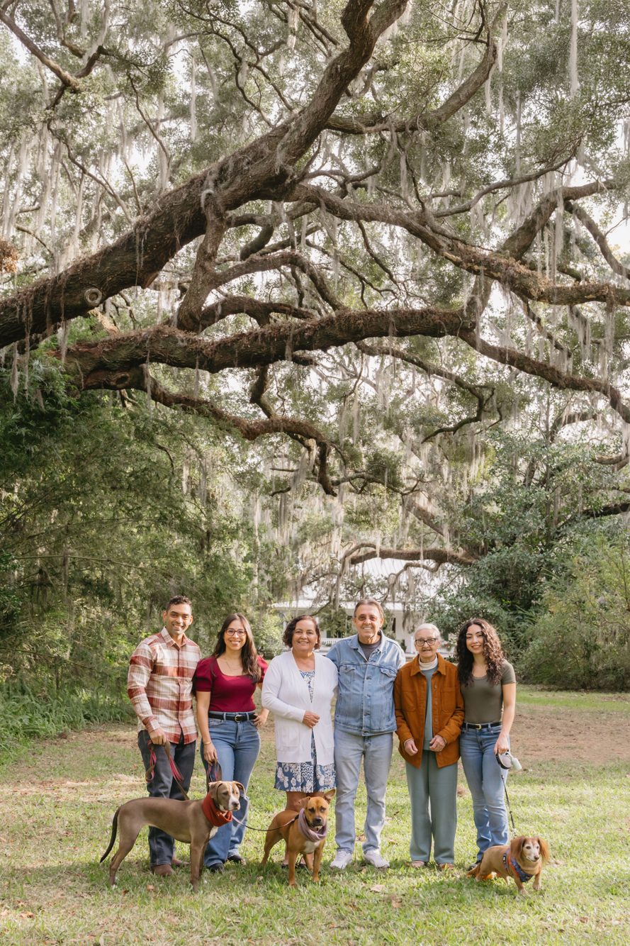Family photo session under Spanish moss oaks at Walter Jones Historic Park, Mandarin FL