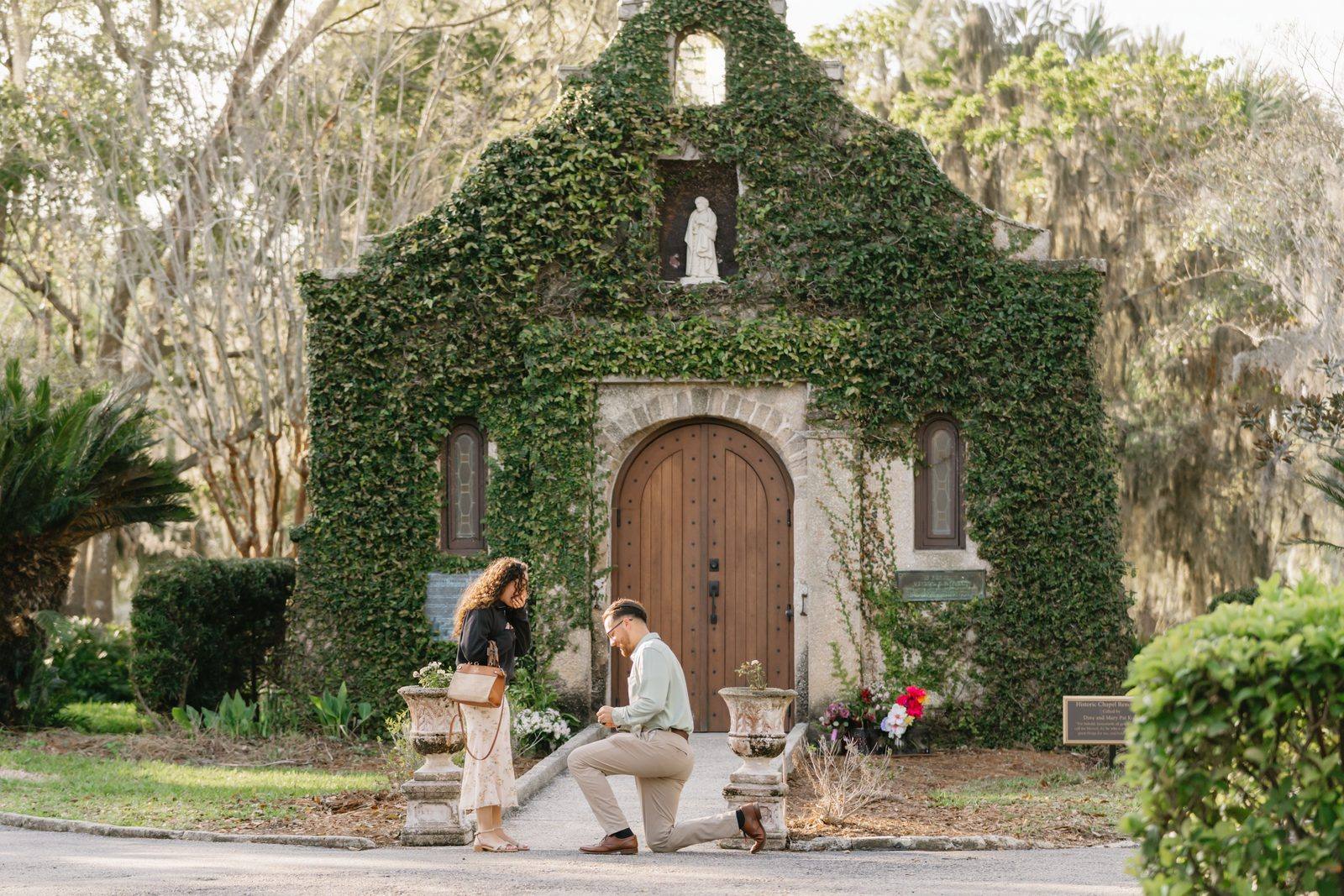A surprise proposal at the ivy-covered chapel at Our Lady of La Leche in St. Augustine